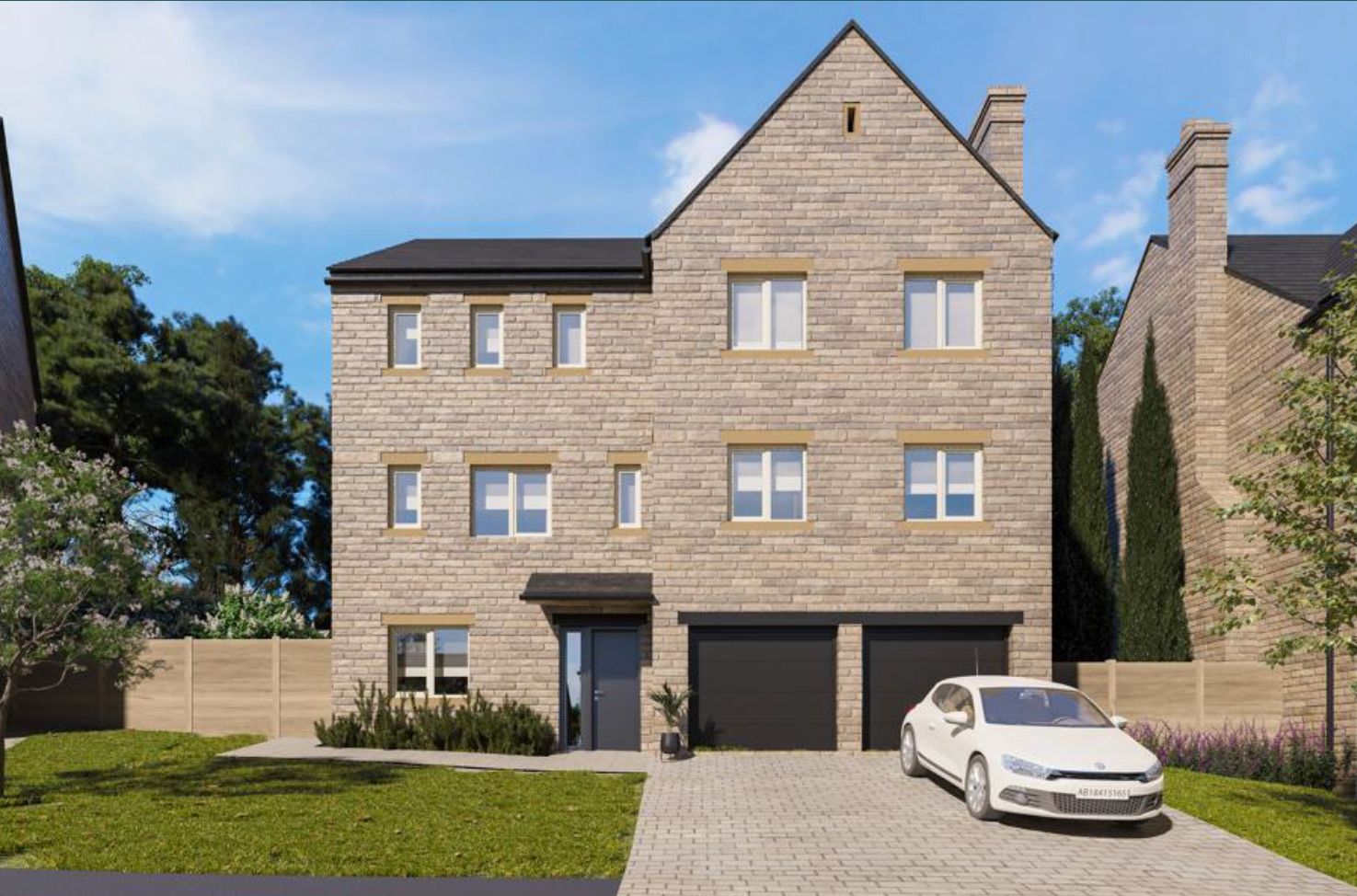 A white car is parked in front of a large brick house.