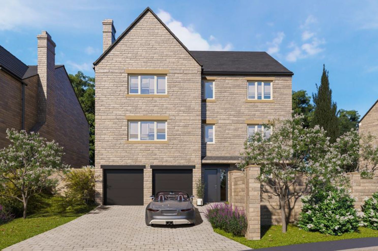 An artist 's impression of a house with a car parked in front of it.