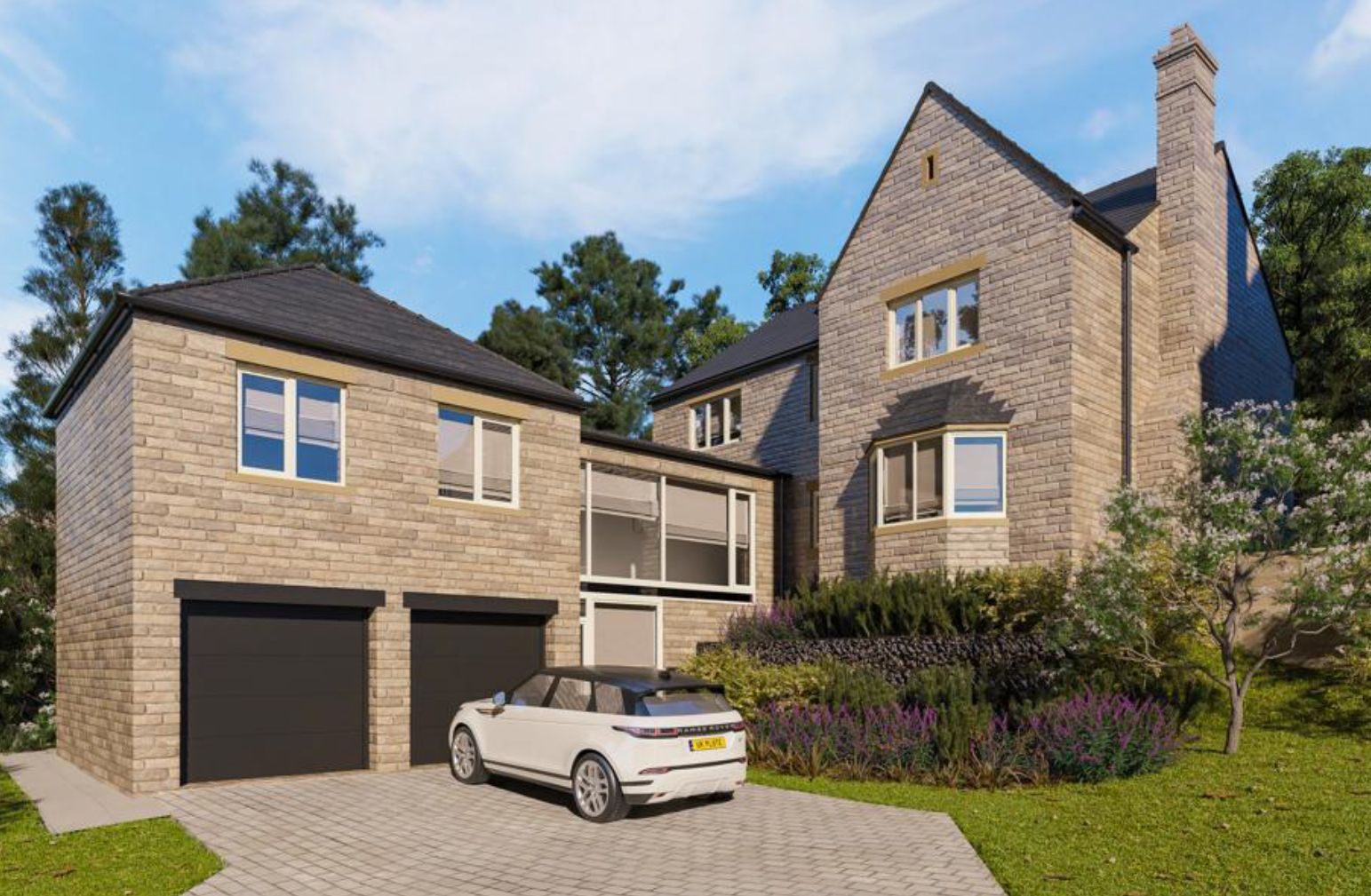 A white car is parked in front of a large brick house.