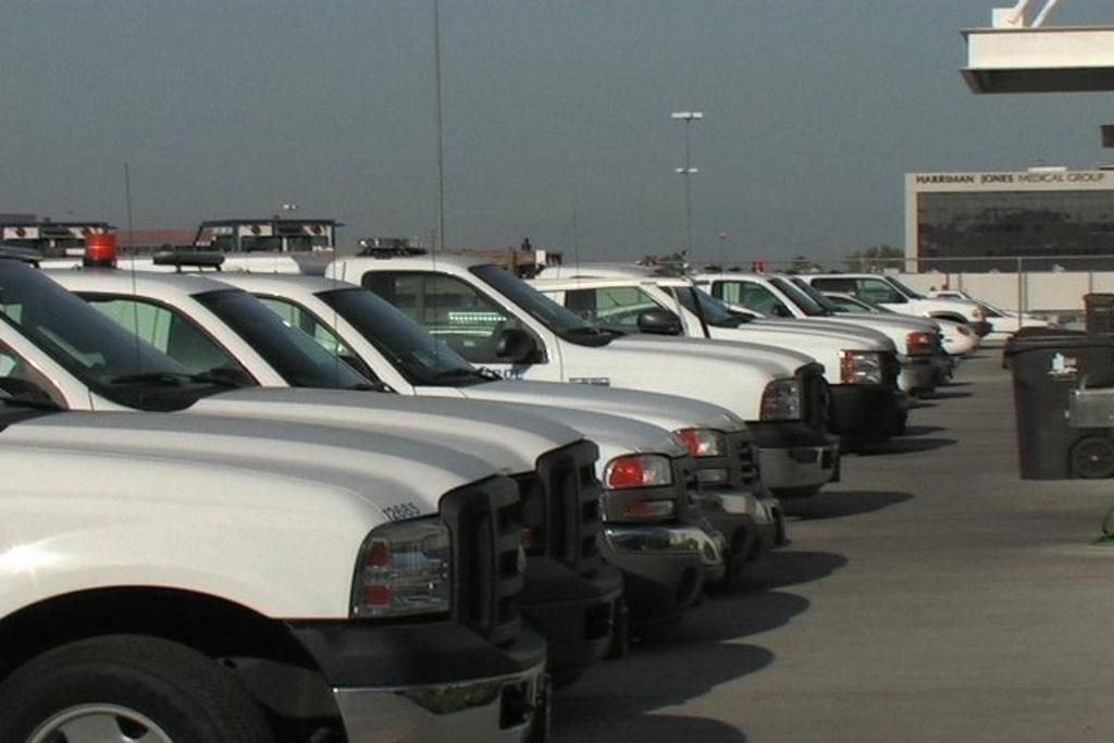 A row of white trucks are parked in a parking lot