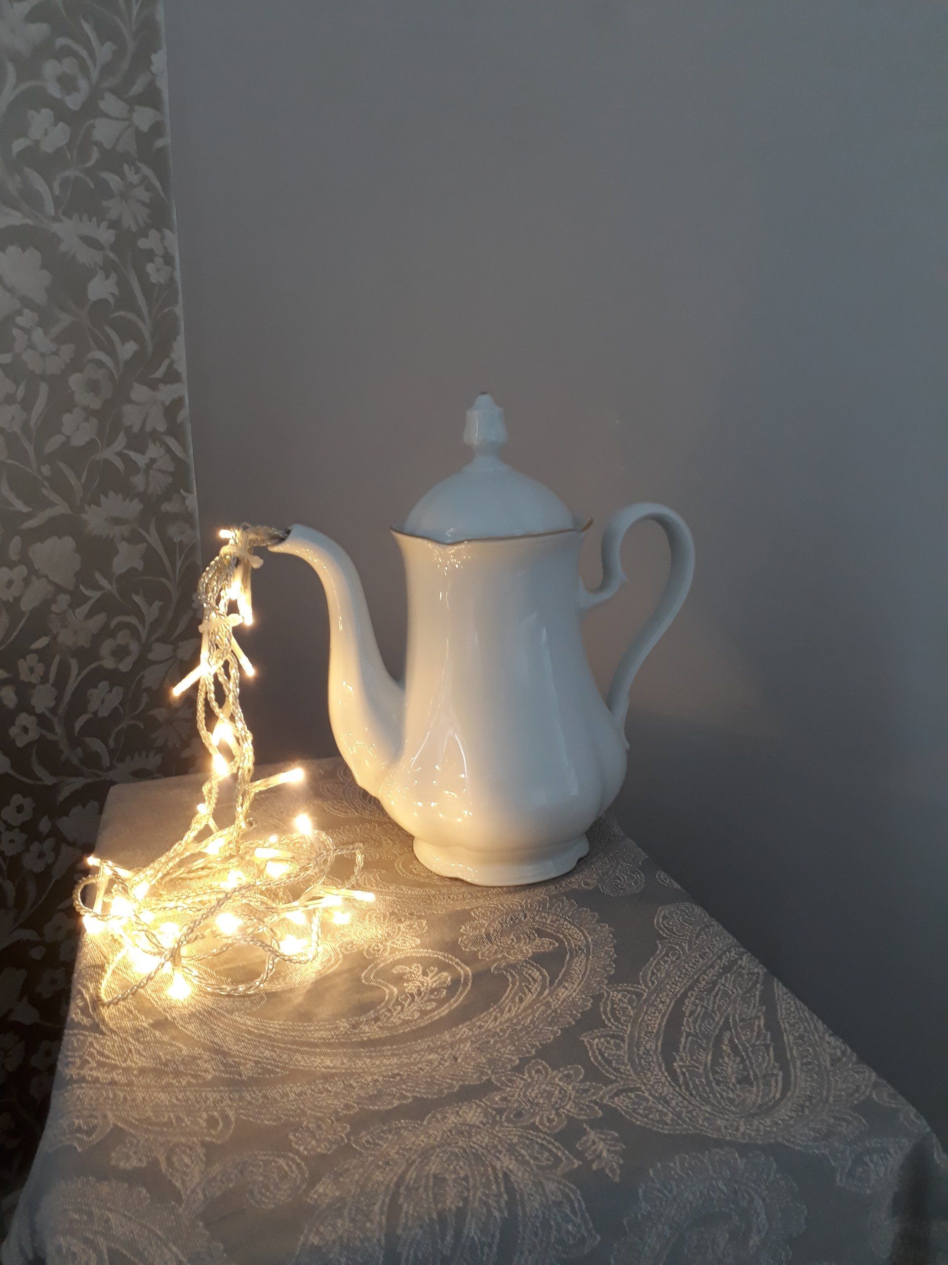 Teapot fairy light table lamp bedside white china upcycled