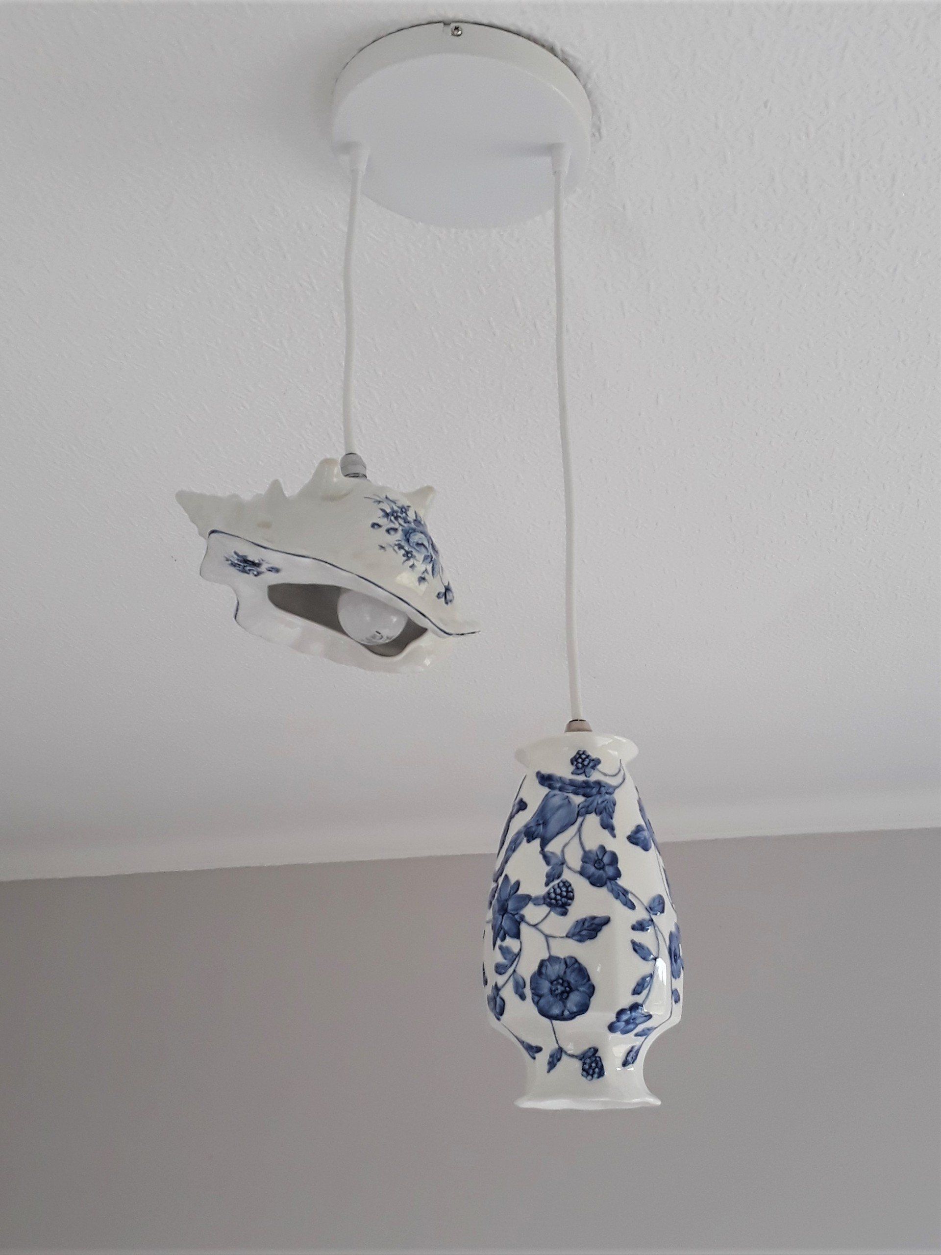Blue white china pendant ceiling light chandelier porcelain upcycled light