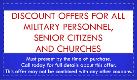 Coupon: Discount offers for military, seniors, and churches. Blue and red text on a white background.