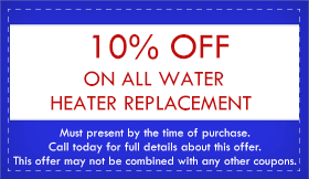Coupon for 10% off water heater replacement. Blue and white design with red text.