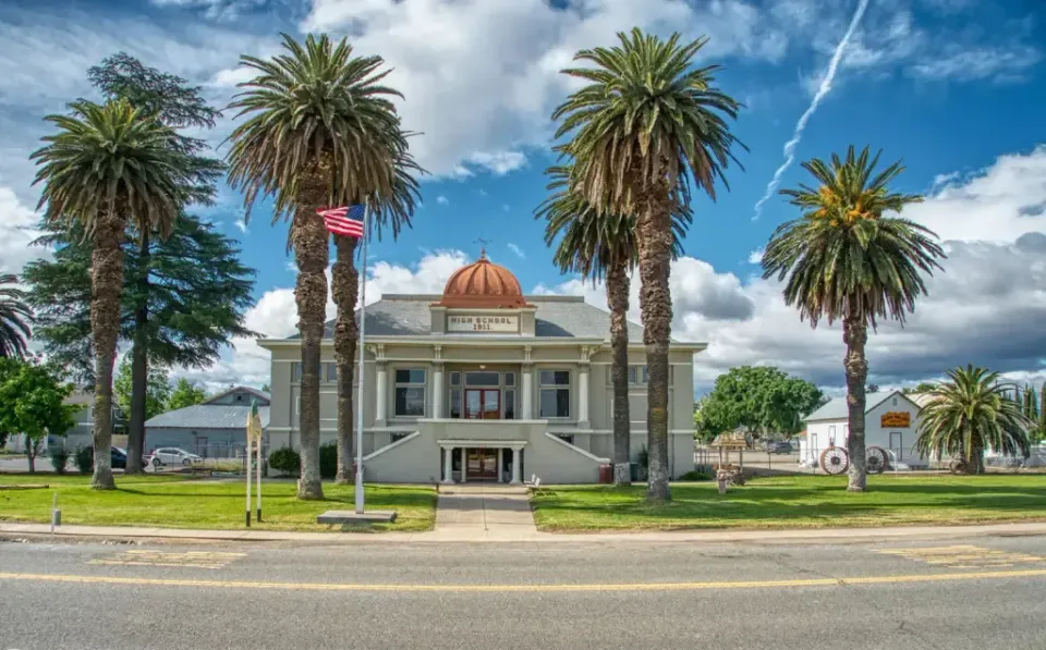 A large white building with palm trees in front of it