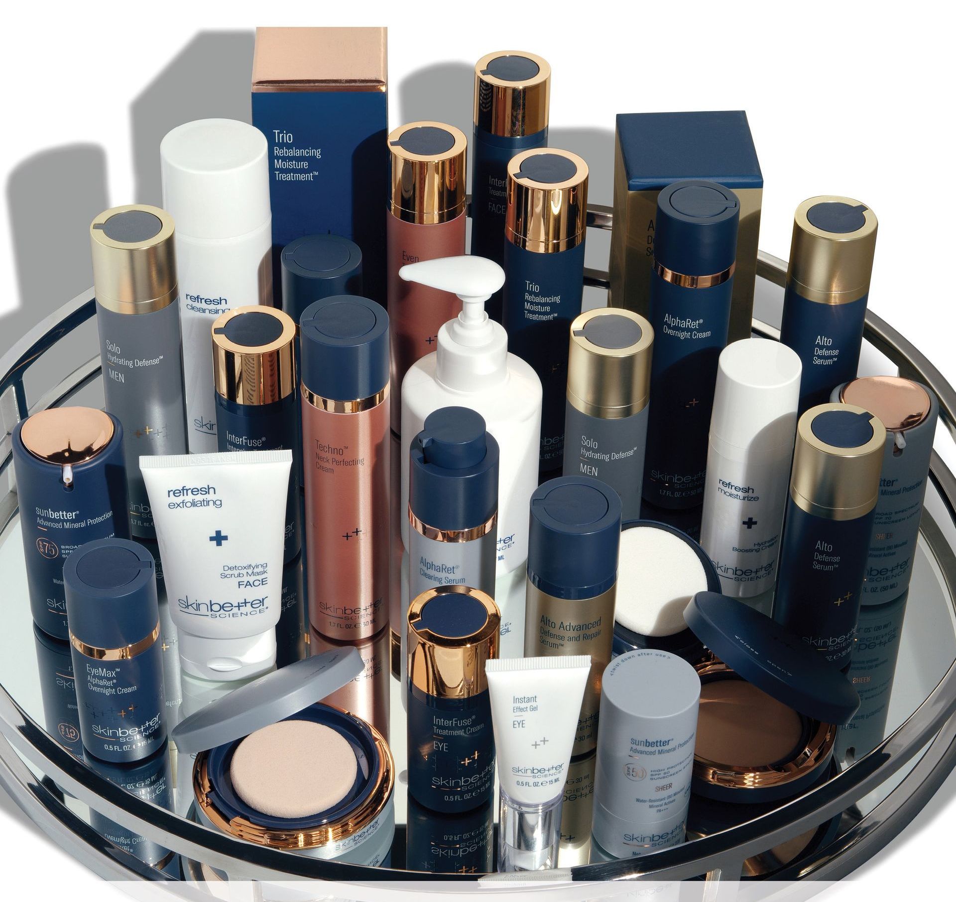 A tray filled with a variety of beauty products including lotion