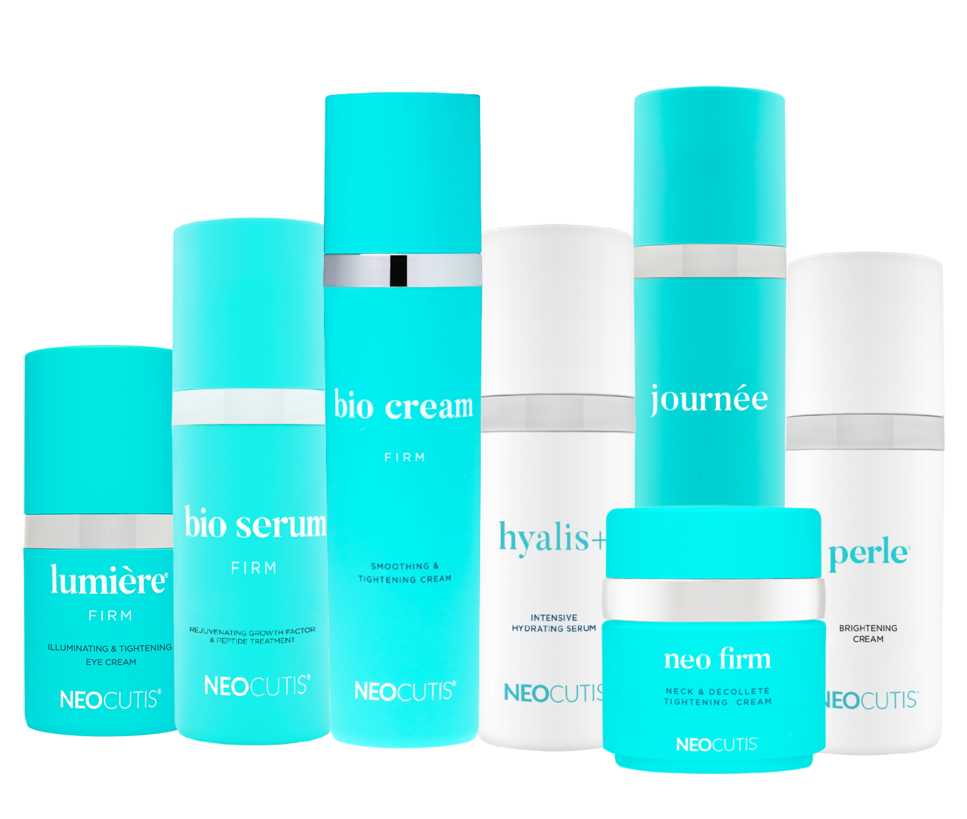 Several bottles of bio cream and bio serum are lined up in a row