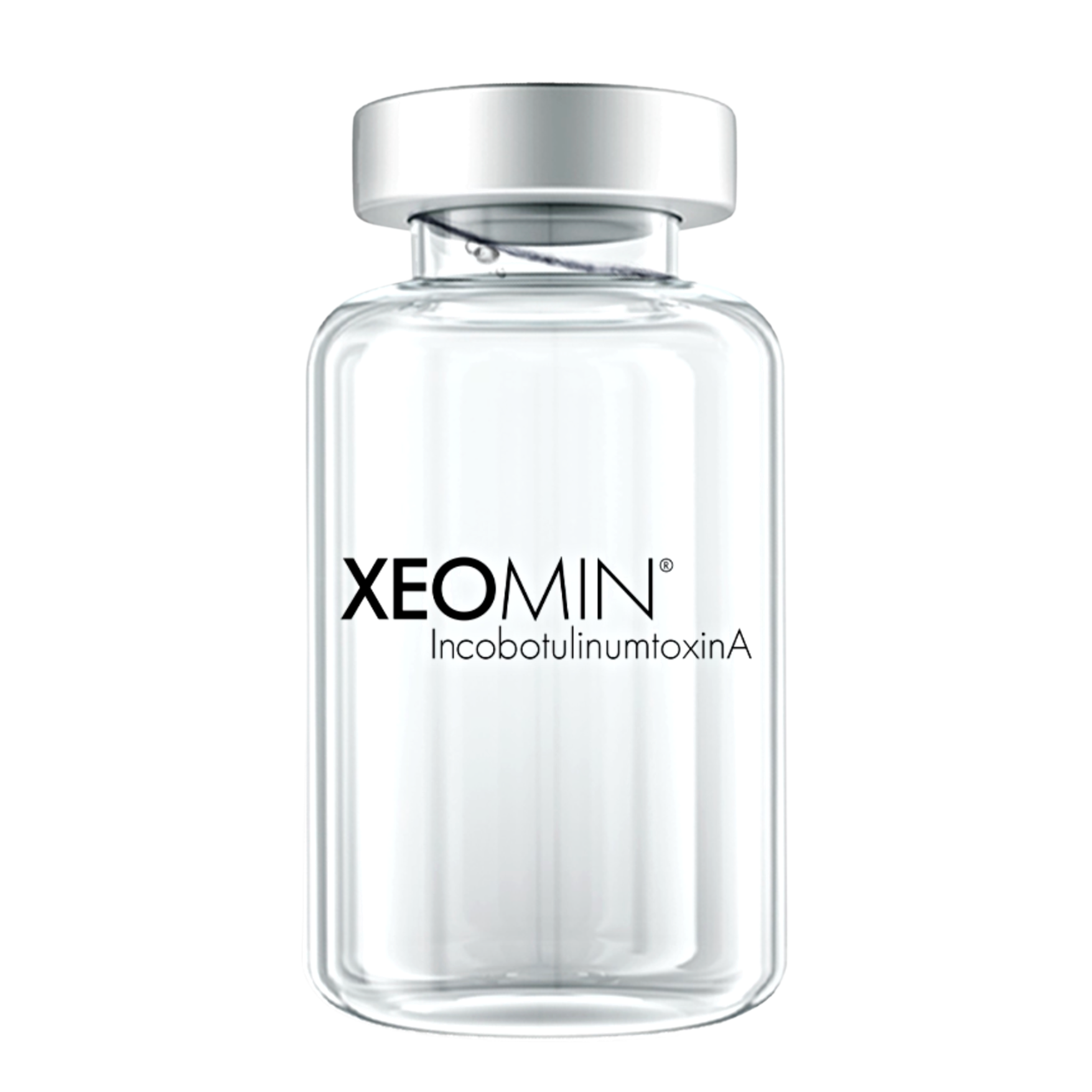 A clear glass bottle with a silver lid on a white background.