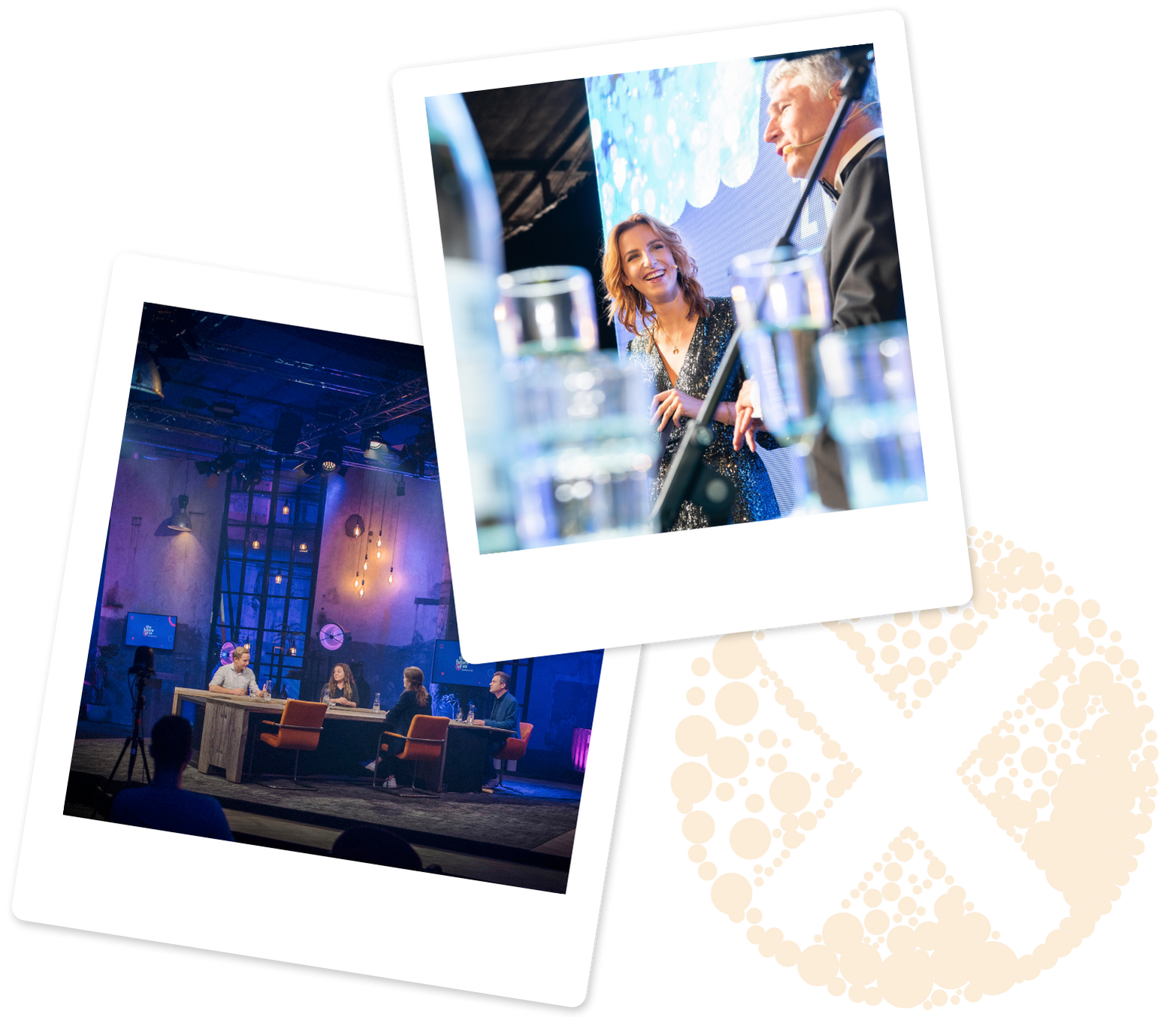 Two pictures of people sitting at tables in a room with purple lights.