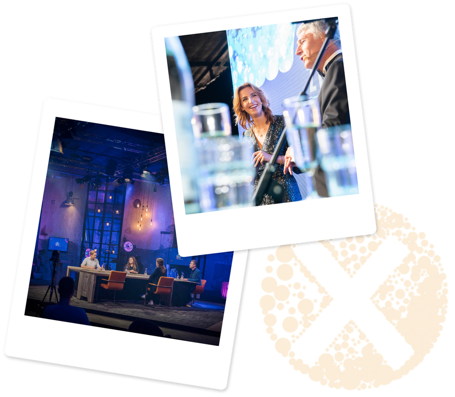 Two pictures of people sitting at tables in a room with purple lights.