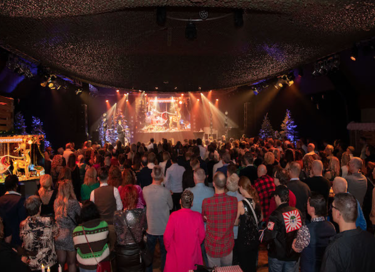 Een grote menigte kijkt naar een optreden van een band in een slecht verlichte zaal.