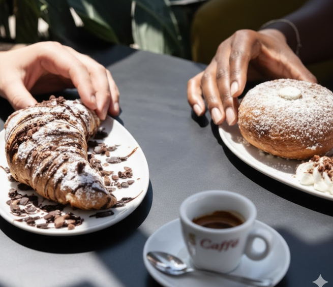 Le mani prendono un croissant al cioccolato e una ciambella spolverata sui piatti, mentre sul tavolo c'è una tazza di caffè.