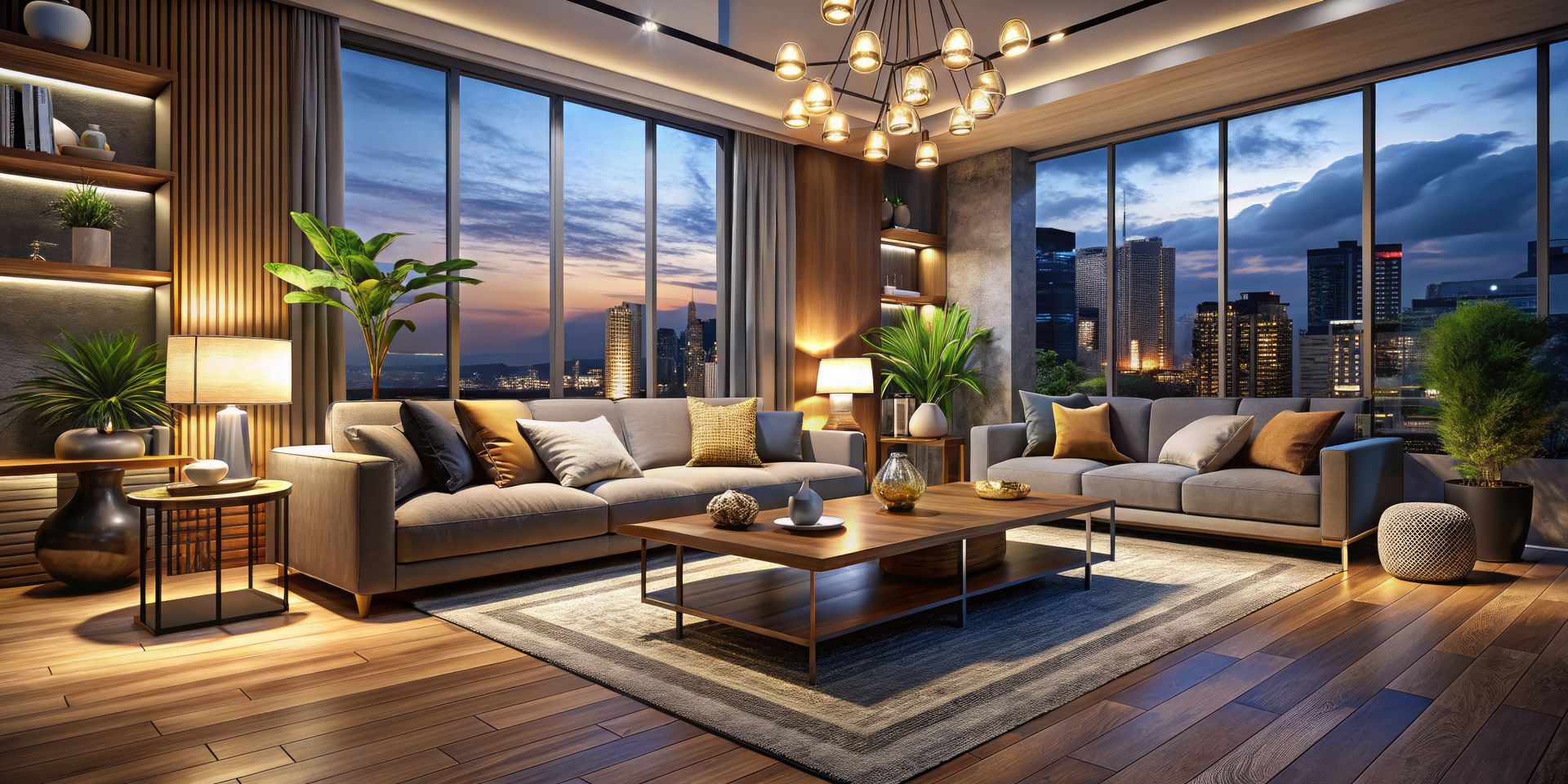 Living room with large windows overlooking a city skyline, with couches, coffee table, plants, and warm lighting.