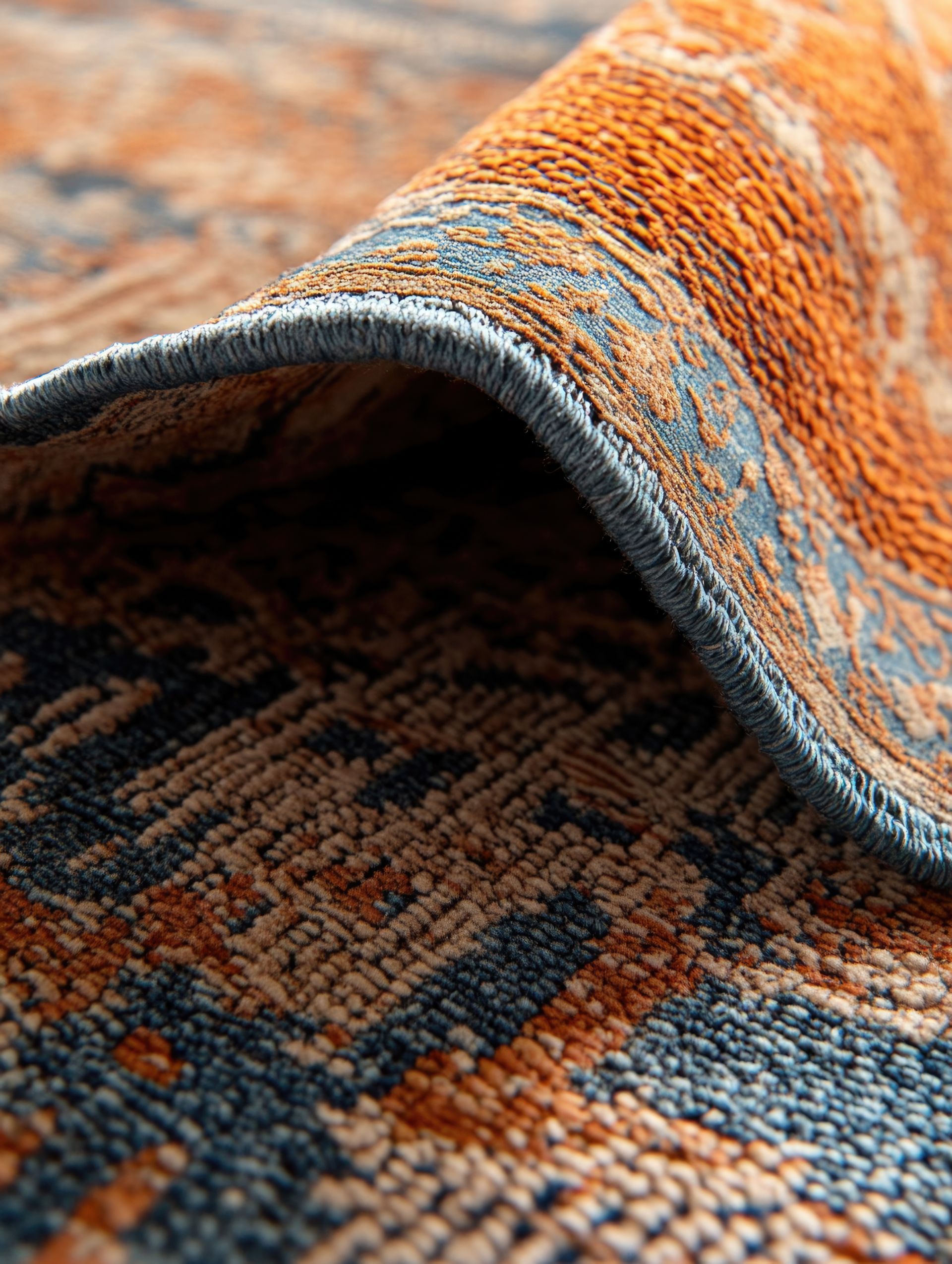 Close-up of a rolled-up rug, displaying blue and orange patterned details.