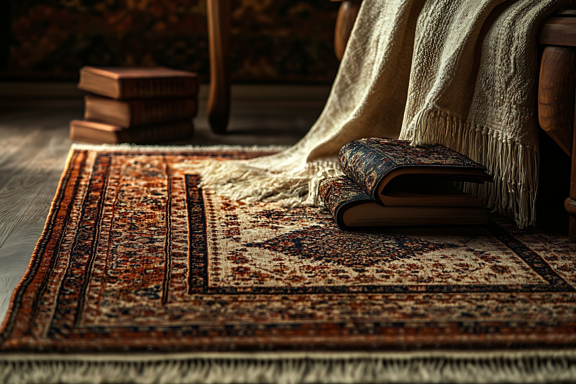 Oriental rug under a wooden chair with a blanket and stacked books, natural light.