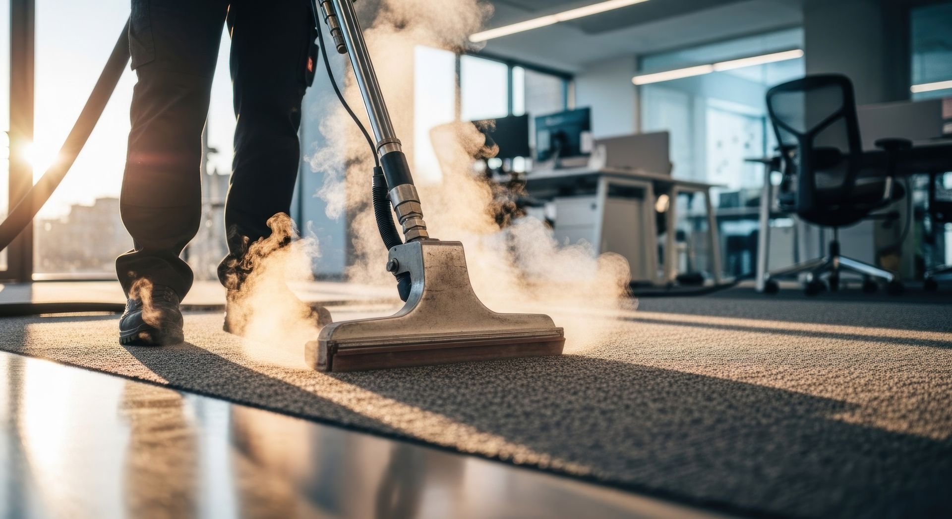Person steam cleaning office carpet. Steam billows from the cleaning head.