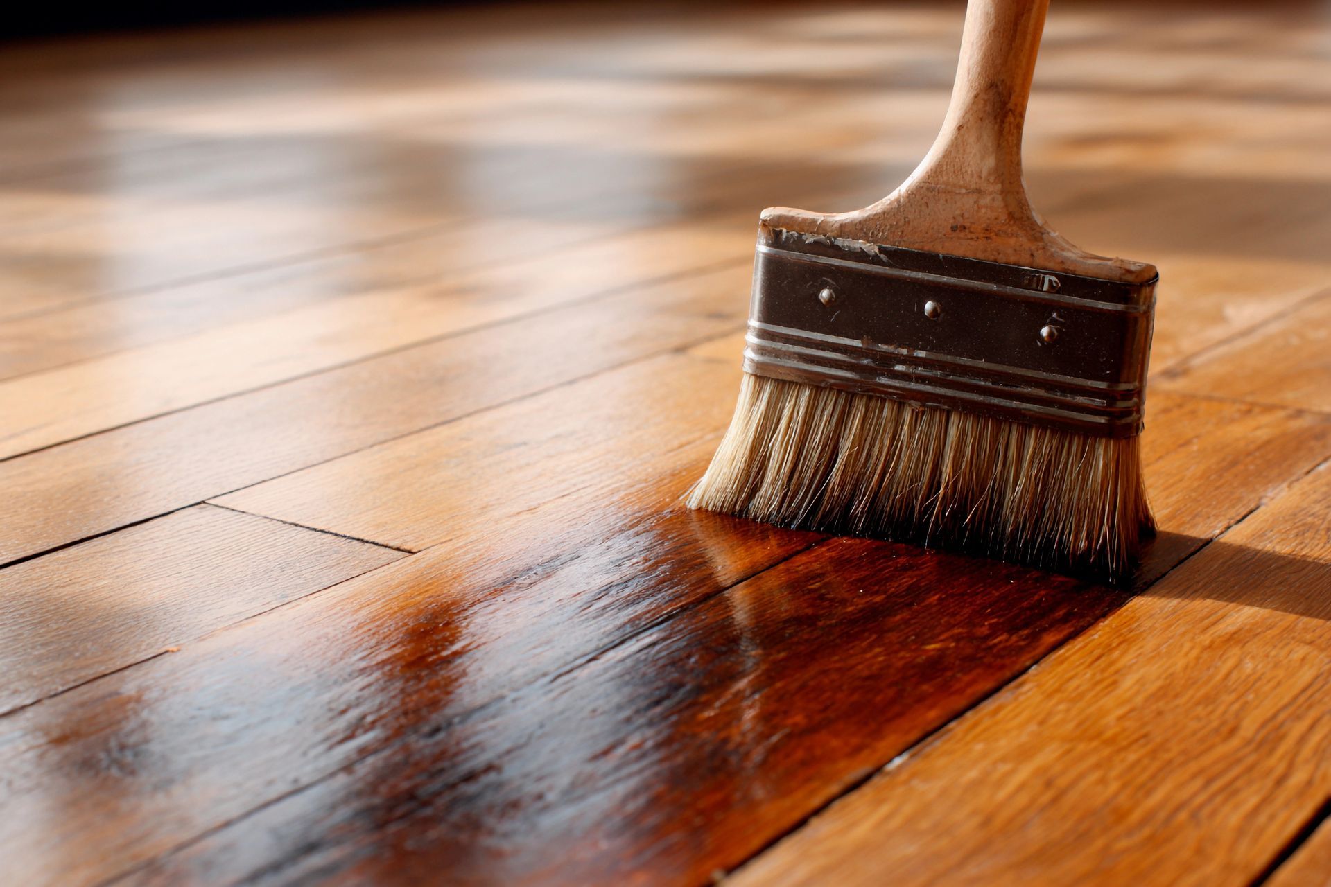 A paintbrush applying varnish to a wooden floor.