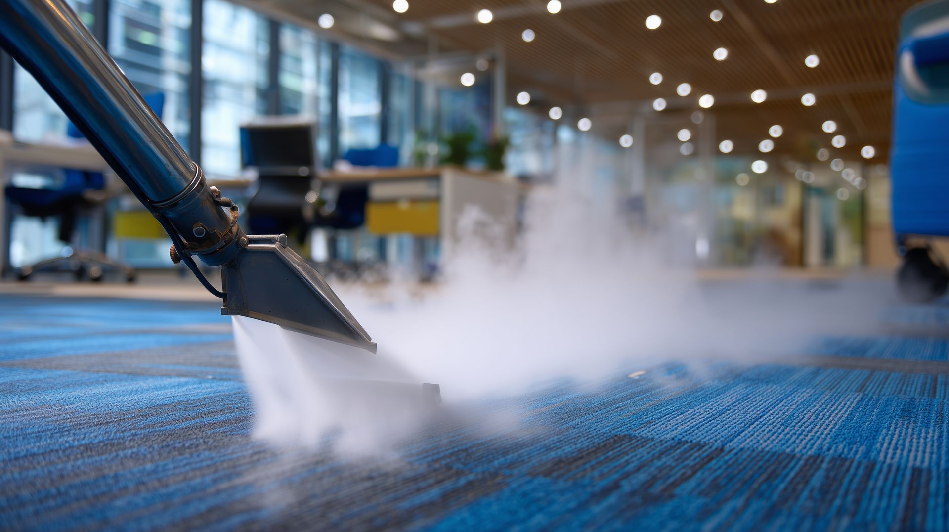 Steam cleaner cleaning a blue carpet in an office. White steam rising, blurred background.