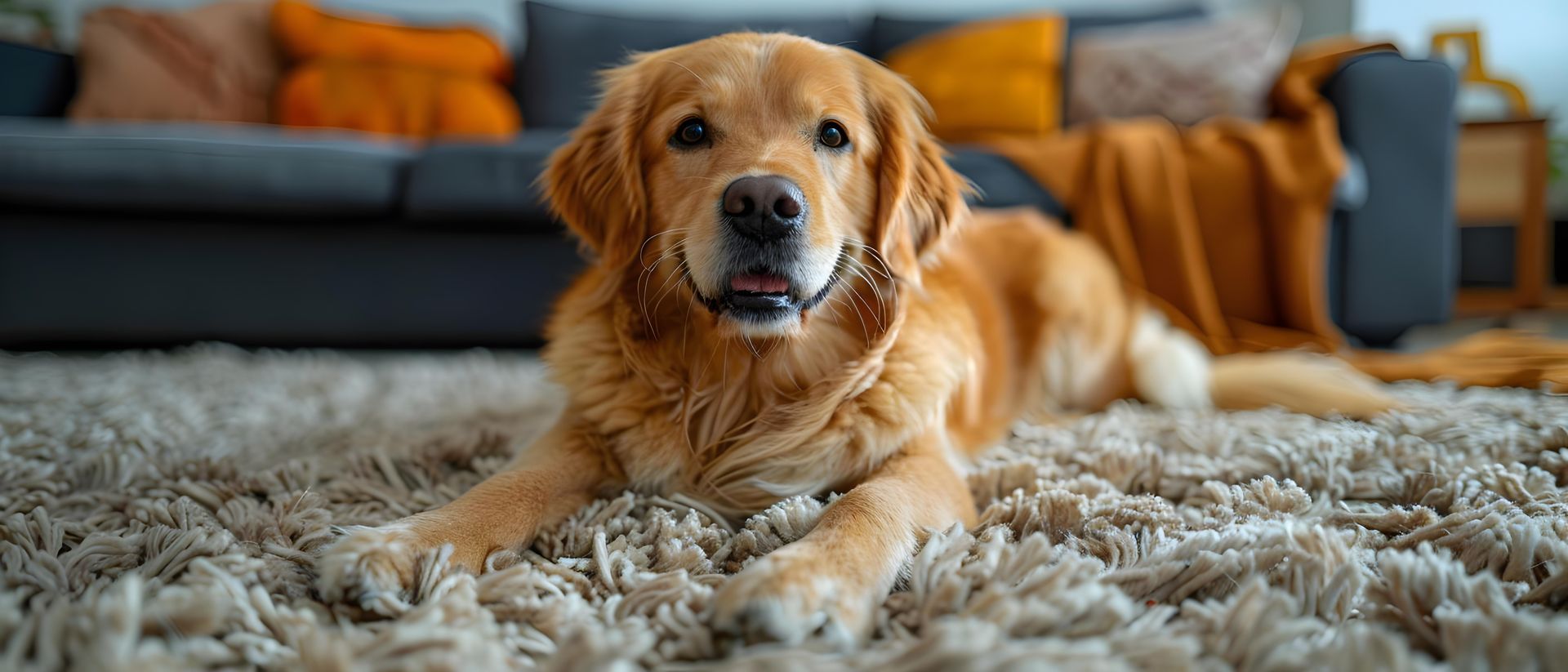 Golden retriever dog lying on a shaggy rug, smiling towards the camera. Couch and pillows in the background.