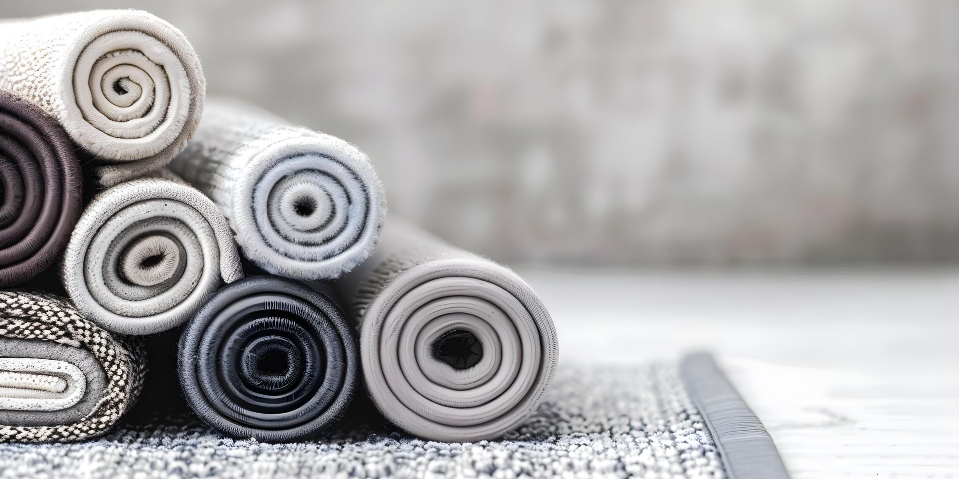 Rolled rugs in shades of gray, arranged in a stack, on a light surface.
