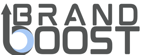 A logo for a company called brand boost with an arrow pointing up.