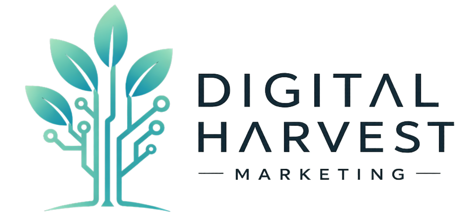 A logo for digital harvest marketing with a blue arrow