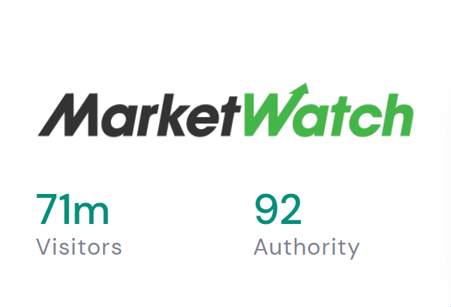 A logo for marketwatch with 71m visitors and 92 authority