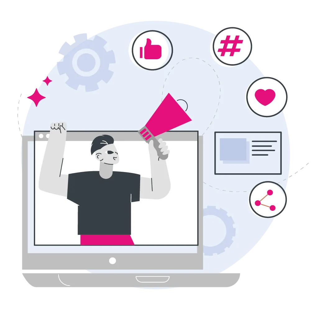 A man is holding a megaphone in front of a laptop computer.