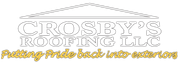 Crosby's Roofing logo with gray house outline and gold slogan: "Putting Pride back into exteriors"