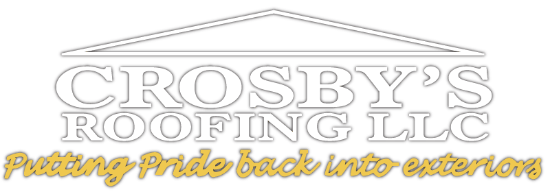 Crosby's Roofing logo with gray house outline and gold slogan: "Putting Pride back into exteriors"