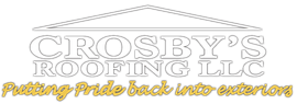 Crosby's Roofing logo with gray house outline and gold slogan: "Putting Pride back into exteriors"
