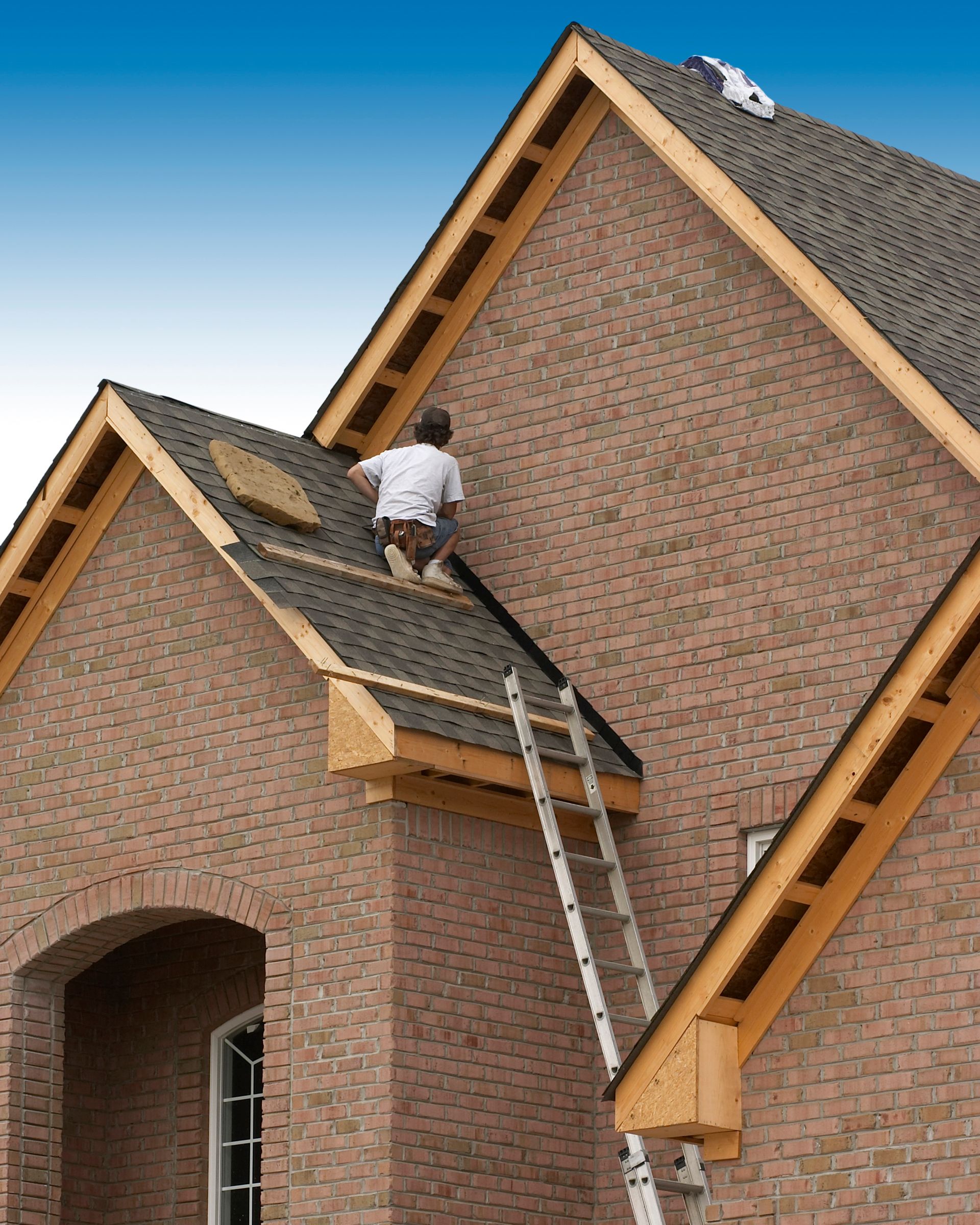 A ladder is leaning against a roof with a hole in it.