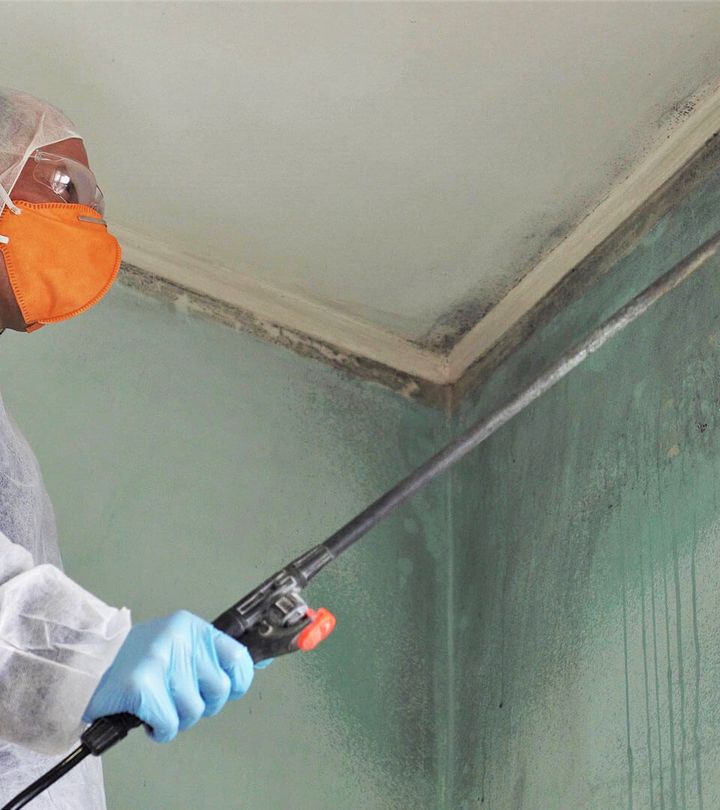 a person wearing a mask and gloves is spraying a wall with a sprayer .