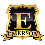 Emerson logo with a gold-and-black shield and large black “E” above the word “EMERSON”