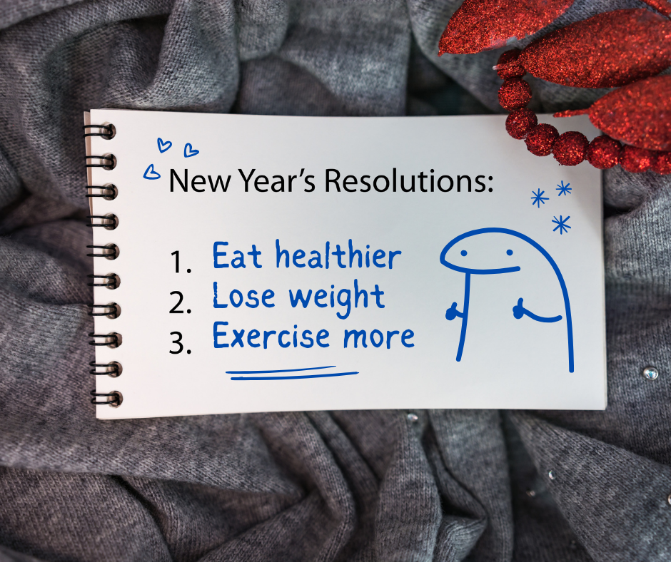 Notebook with New Year's resolutions: Eat healthier, Lose weight, Exercise more. Doodle figure. Gray background, red decoration.