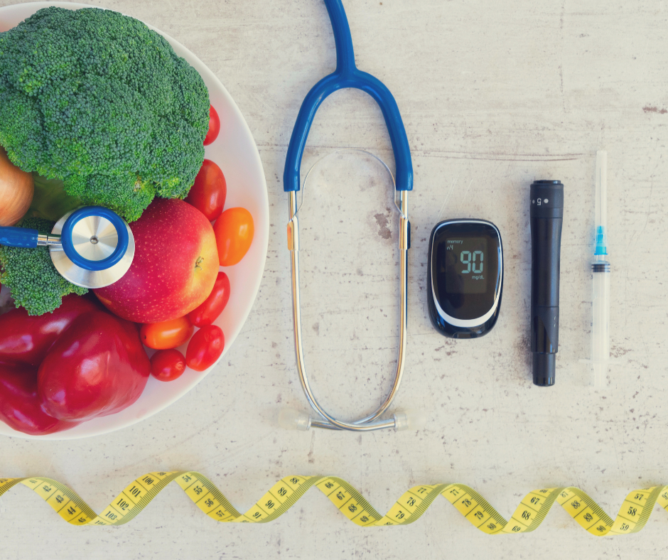 pictures of healthy food and medical instruments for checking diabetes