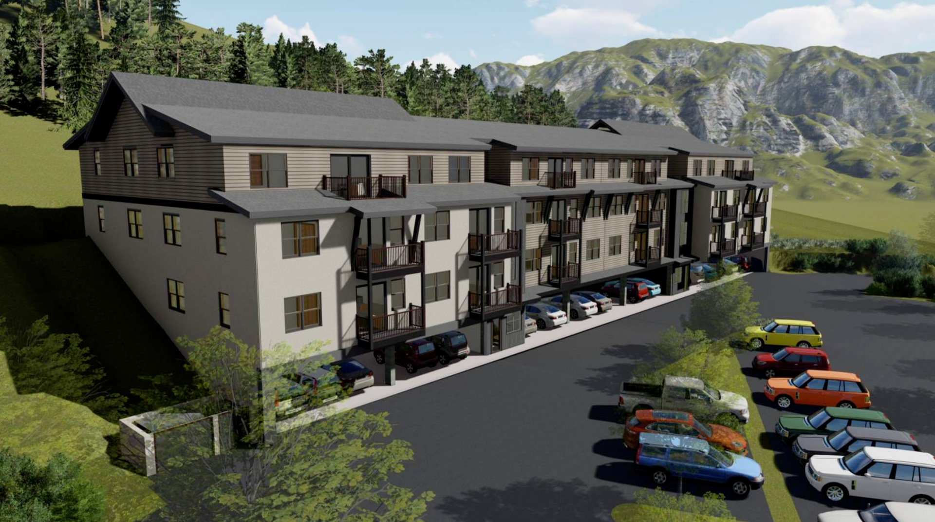 a building with a lot of cars parked in front of it