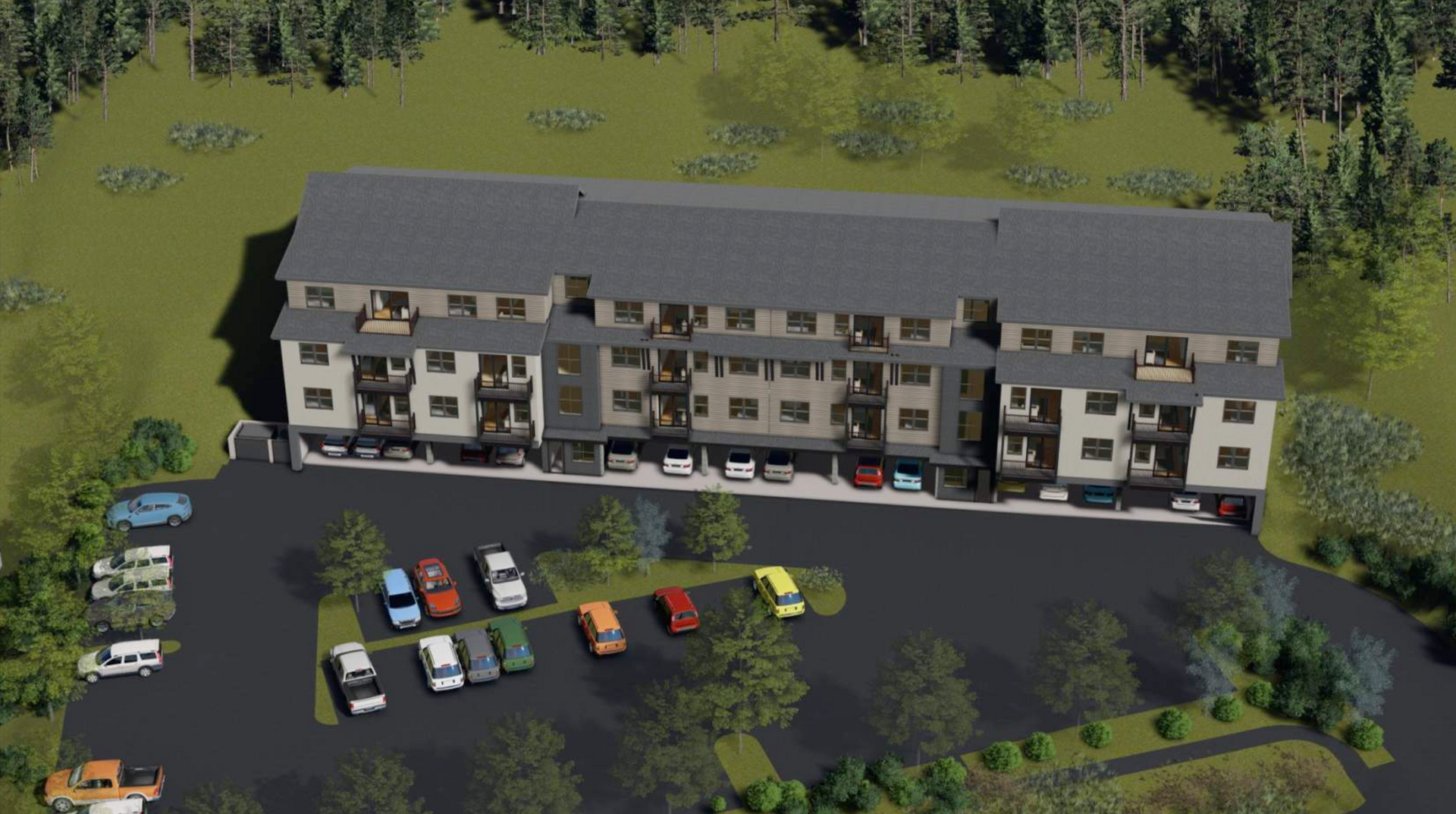 an aerial view of a building with cars parked in front of it