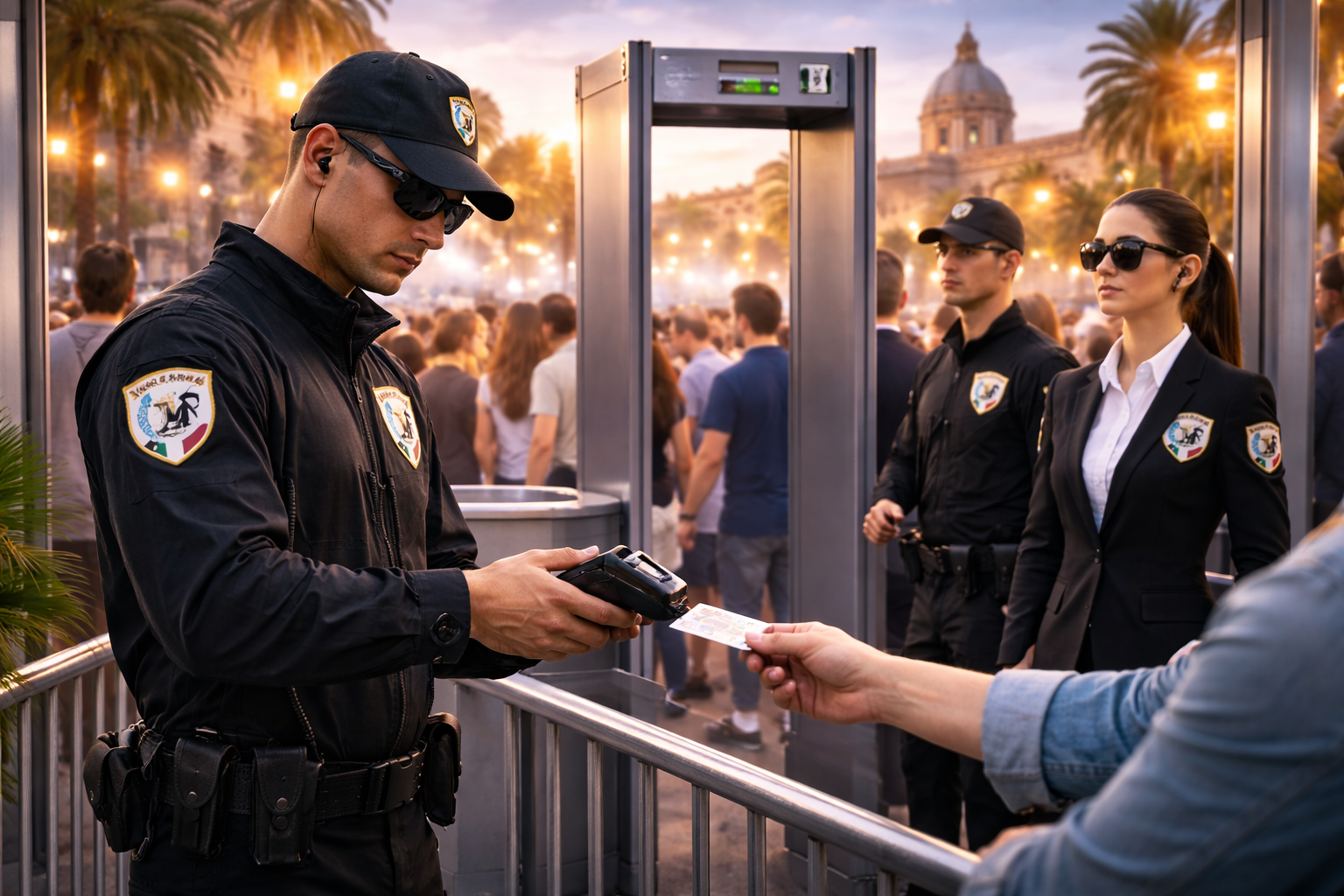Agenti di sicurezza controllano il biglietto di una persona all'ingresso di un evento. Metal detector, folla sullo sfondo.