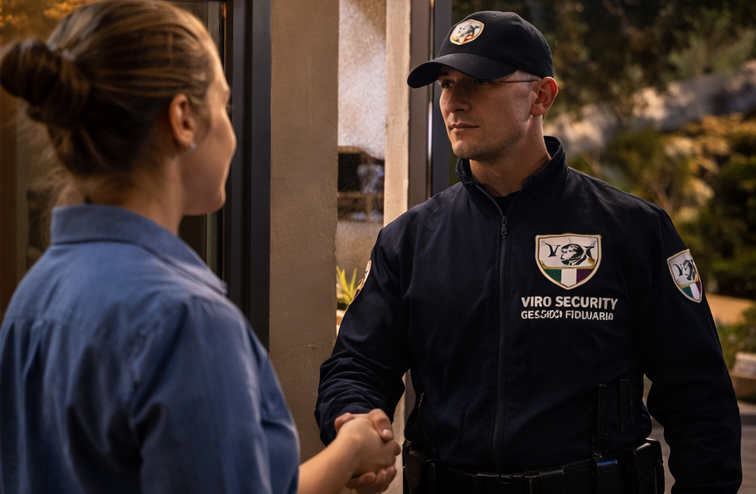 Una donna stringe la mano a una guardia giurata in uniforme vicino a una porta.
