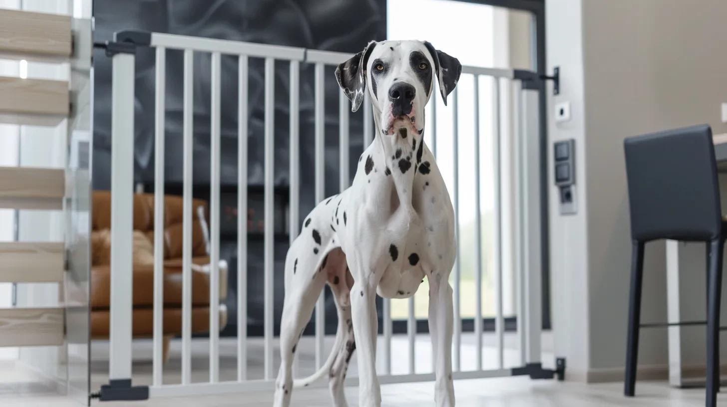 Dalmatian dog stands in front of a white pet gate inside a home.