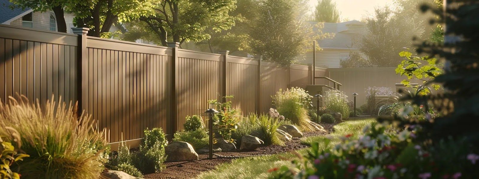 A vinyl fence surrounds a lush green garden.