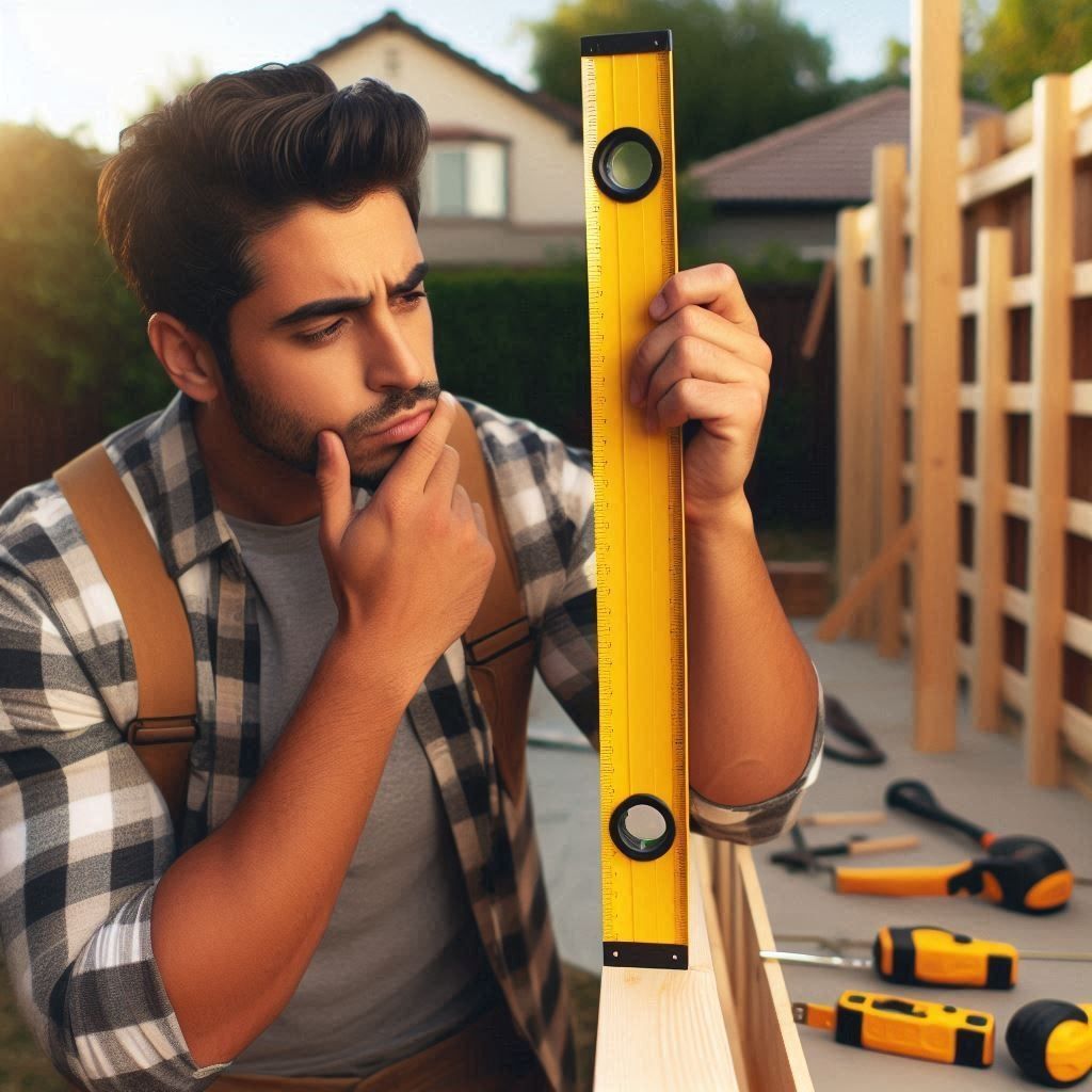 A man is using a yellow level to measure a piece of wood.