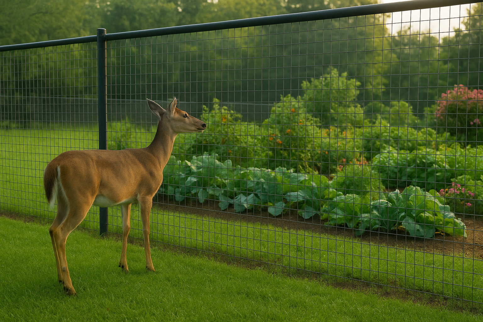 A deer is standing next to a fence in a yard.