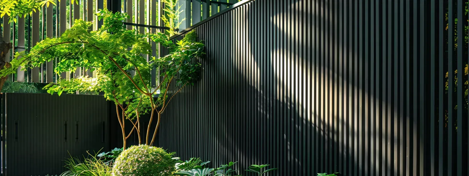 A black fence with a tree in front of it.