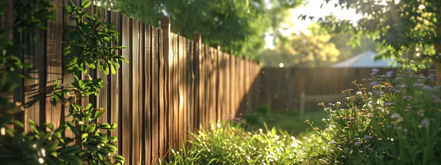 The sun is shining through the trees behind a wooden fence.