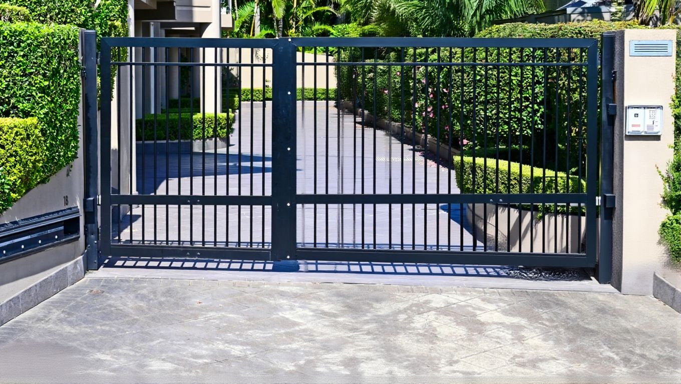 Black metal driveway gate in front of a house. Gate is open, showing the driveway and green foliage.