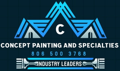 Logo for Concept Painting and Specialties with blue and white color scheme, text "CONCEPT PAINTING AND SPECIALTIES" and phone number.