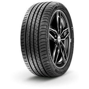 Neumático de automóvil de color negro con banda de rodadura sobre una llanta de color negro y plata.