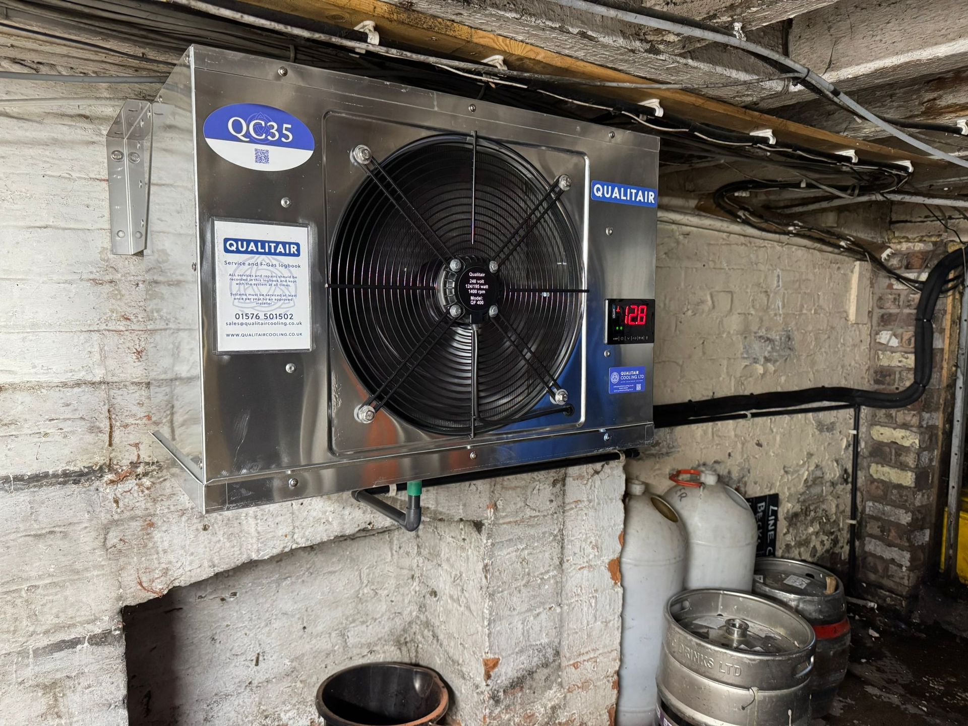 Qualitair Cooling QC35 indoor unit, installed in a below ground cellar.
